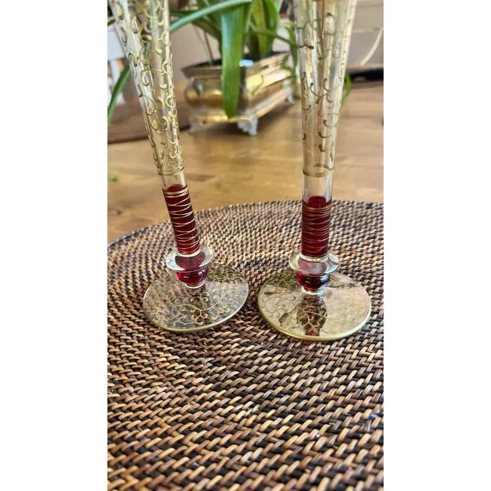 Pier 1 Imports Rioja Ruby and Gold Hand Painted Champagne Flute Glasses